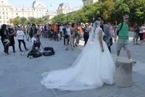 A couple taking wedding pictures