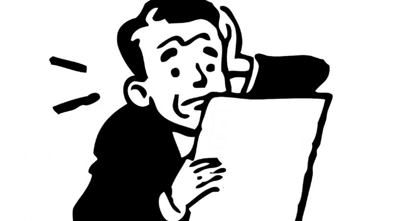 Black and white cartoon of a stressed man reading a sheet of paper.