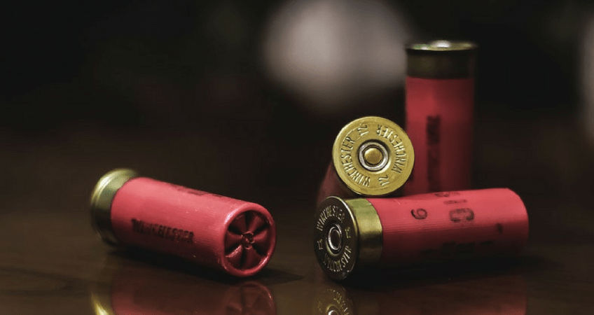 Dimly lit room with 12 gague shotgun shells resting on a reflective wood table