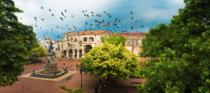 Doves flying over main square, Santo Domingo, Dominican Republic