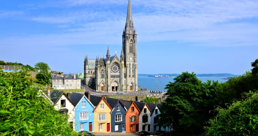 church and colorful houses, cobh ireland