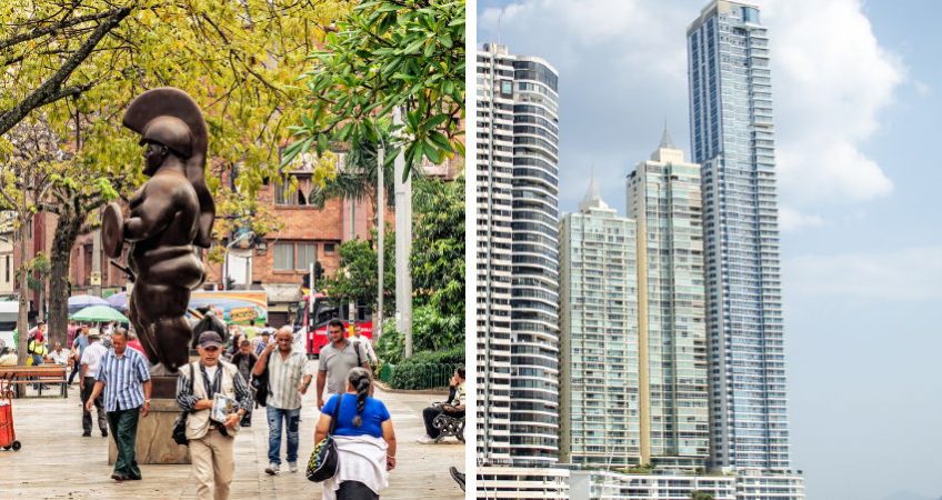 Panama and Colombia split image. Medellin Botero sculpture garden and Bay of Panama