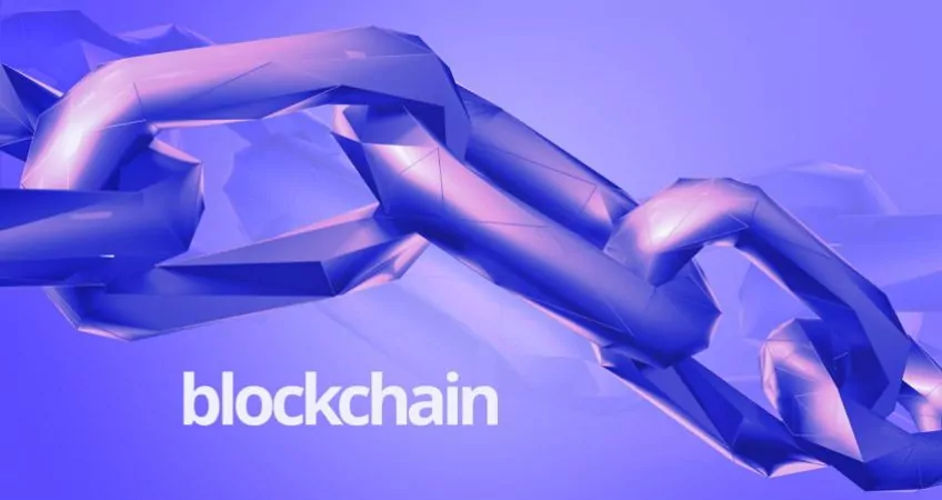 A purple chain with text that reads "blockchain"