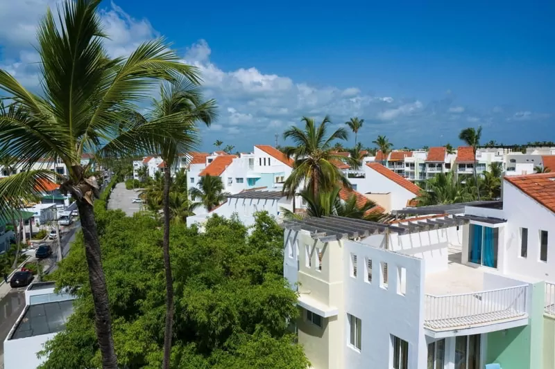 Aerial view of Caribbean tourist resort, Punta Cana, Dominican Republic.