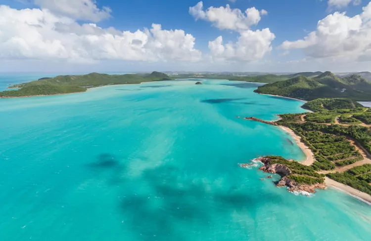 Aerial view of the turquoise Caribbean sea Antigua and Barbuda