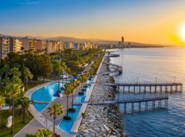 The sun rises over the sea in Limassol, Cyprus