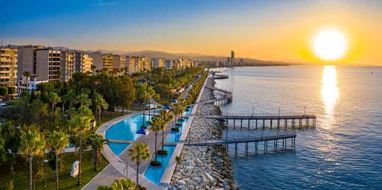 The sun rises over the sea in Limassol, Cyprus