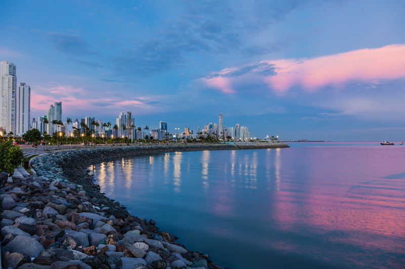 Skyline of Panama City at blue hour.