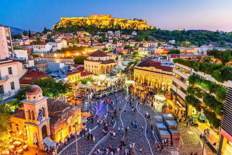  Night image with Athens from above, Monastiraki Square and ancient Acropolis