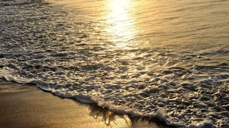 Sunlight reflects off the surf at sunrise.