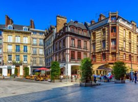 Cozy square with timber framing houses in Rouen, Normandy, France