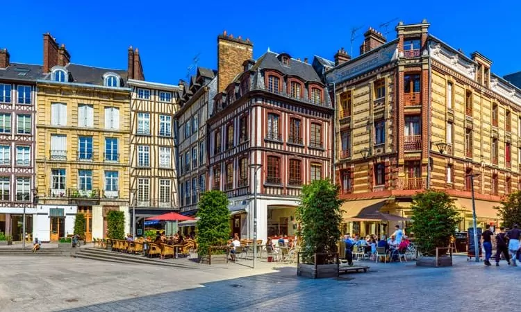 Cozy square with timber framing houses in Rouen, Normandy, France