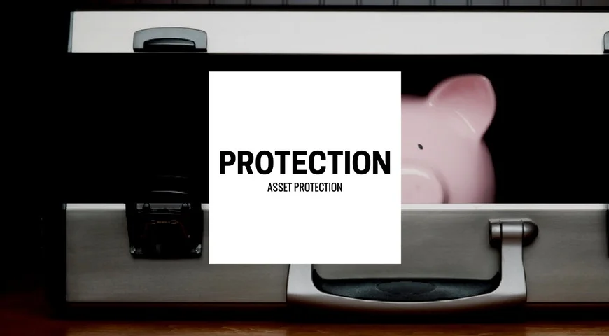 Asset Protection A piggy bank inside of a briefcase with the words Asset Protection on front.