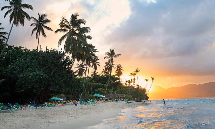La Playta at sunset, tropical beautiful beach in Samana area, Dominican Republic.