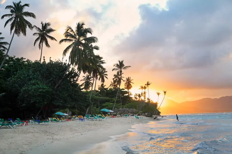 La Playta at sunset, tropical beautiful beach in Samana area, Dominican Republic.