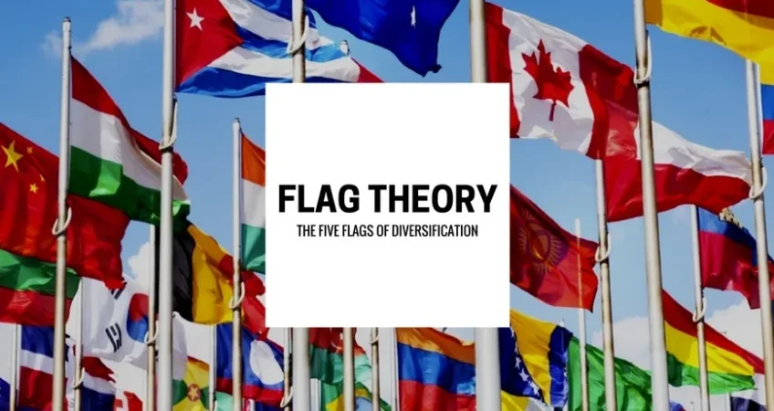 Flags from all around the world behind a box showing the 5 flag diversification theory