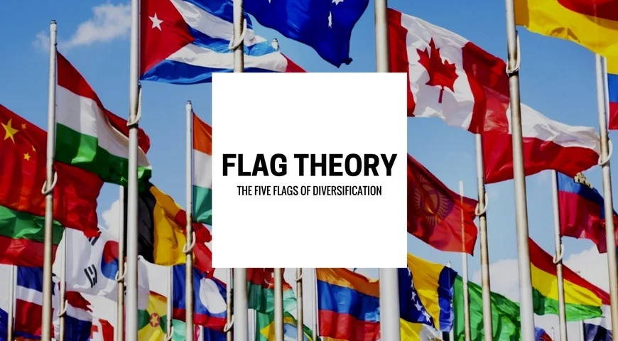 Flags from all around the world behind a box showing the 5 flag diversification theory