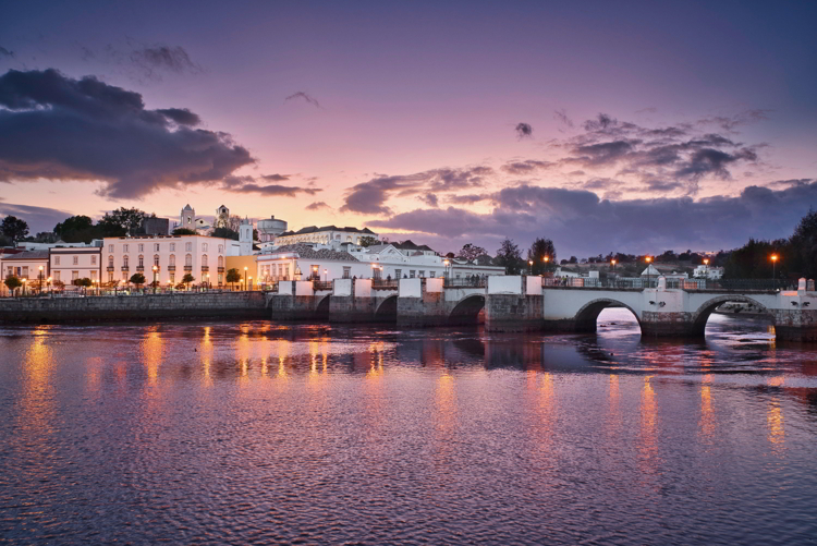 Tavira town in Portugal at the sunset time.