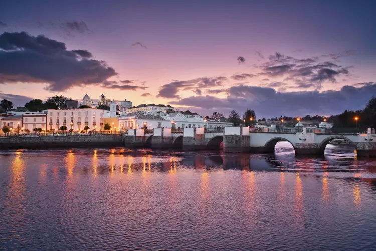 Tavira town in Portugal at the sunset time.