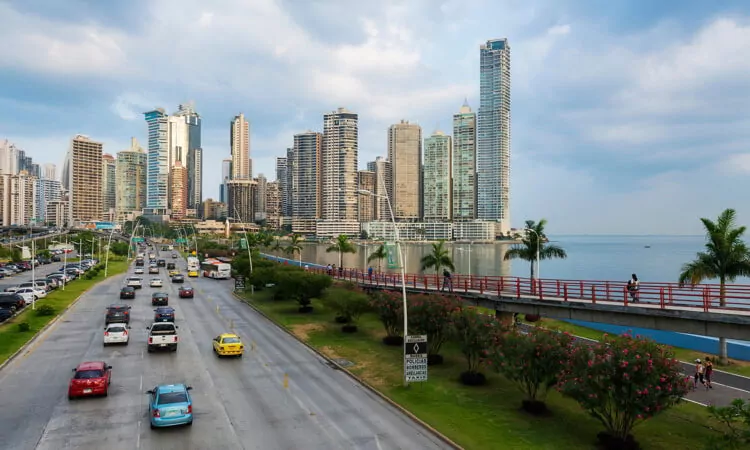 View of the financial district and sea in Panama City, Panama.