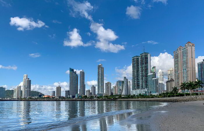Ocean Promenade and skyline background in Panama City.