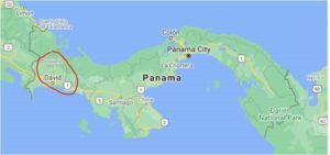 A map of Panama with a red circle on Chiriqui province