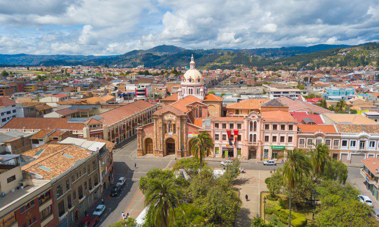Ecuador Cuenca drone view of the square and the church of San Blas in a sunny day