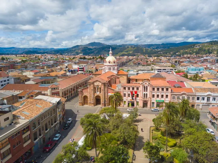 Ecuador Cuenca drone view of the square and the church of San Blas in a sunny day