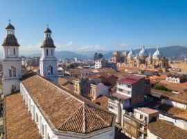 Ecuador Cuenca, San Alfonso church and Cathedral drone aerial view