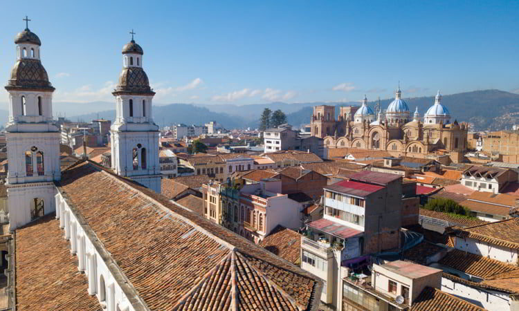 Ecuador Cuenca, San Alfonso church and Cathedral drone aerial view