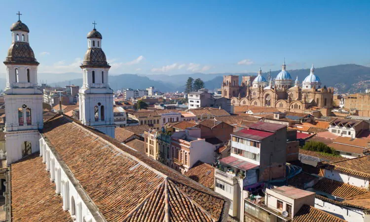 Ecuador Cuenca, San Alfonso church and Cathedral drone aerial view