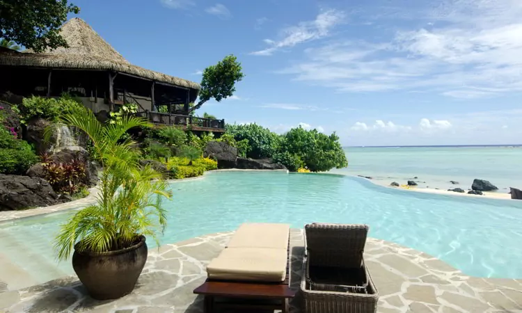 Beach bungalow in tropical Pacific Ocean Island.