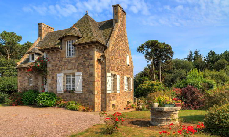 Beautiful view of a traditional French country house in Brittany, France