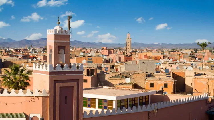 Minaret Tower On The Historical Walled City In Marrakech, Morocco