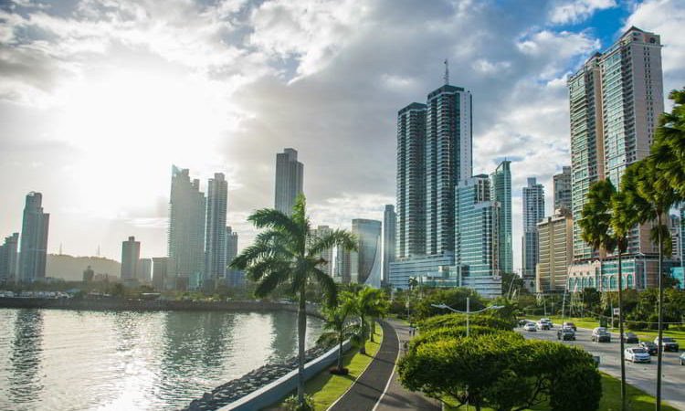 A view of Panama City skyline on a cloudy afternoon from Cinta Costera