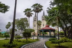 Seminario Park (Iguanas Park) and Metropolitan Cathedral in Guayaquil, Ecuador