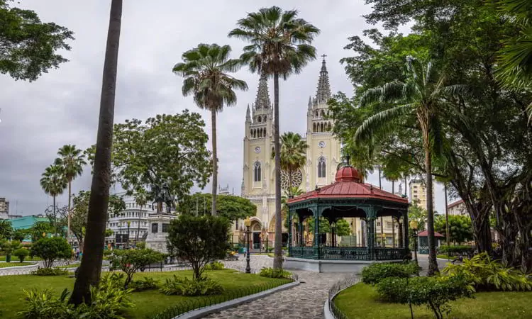 Seminario Park (Iguanas Park) and Metropolitan Cathedral in Guayaquil, Ecuador