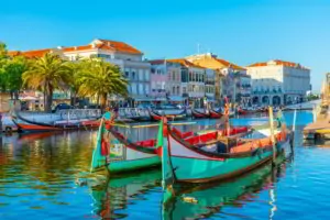 Moliceiro boats mooring alongside the central channel at Aveiro, Portugal