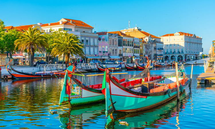 Moliceiro boats mooring alongside the central channel at Aveiro, Portugal