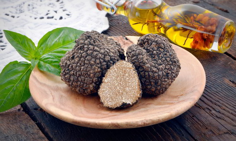 Fresh black mushroom truffle on a wooden plate