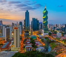 The colorful panoramic skyline of Panama City, Panama during sunset with high rise skyscrapers