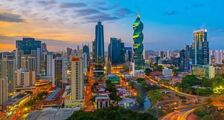 The colorful panoramic skyline of Panama City, Panama during sunset with high rise skyscrapers