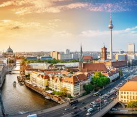 Panoramic view at the Berlin City center at sunset