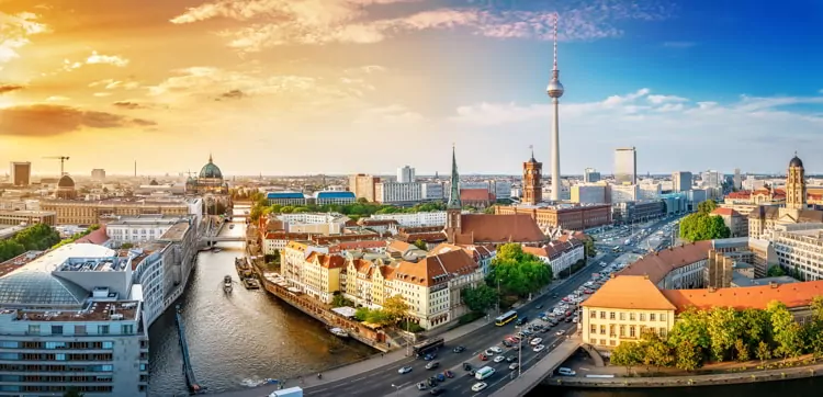 Panoramic view at the Berlin City center at sunset