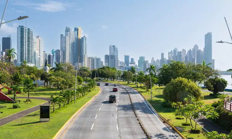 View of Balboa Avenue in Panama City, Panama with the skyline of skyscrapers in the background