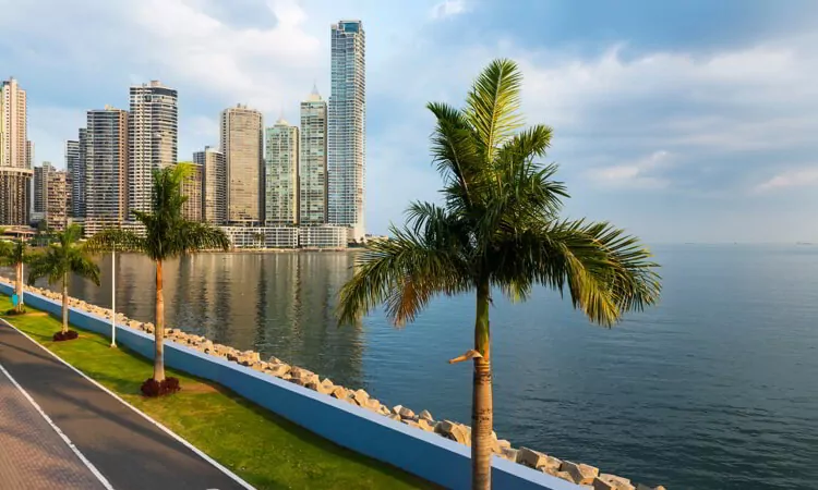 View of the financial district in downtown Panama City, Panama, with a cycling lane and Palm Trees