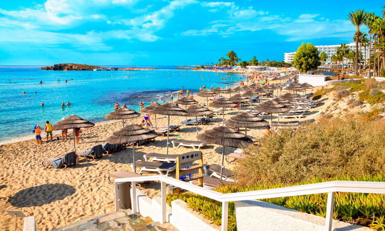 View of turquoise water Nissi beach in Aiya Napa, Cyprus