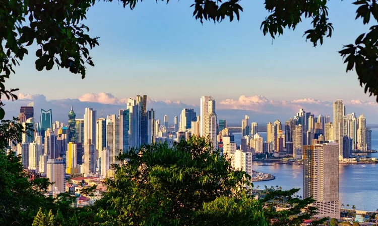 View Of The Skyline Of Panama City, Panama, Framed By Tropical Rain Forest.