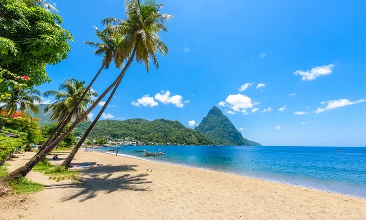 Paradise Beach At Soufriere Bay With View To Piton At Small Town Soufriere In Saint Lucia.