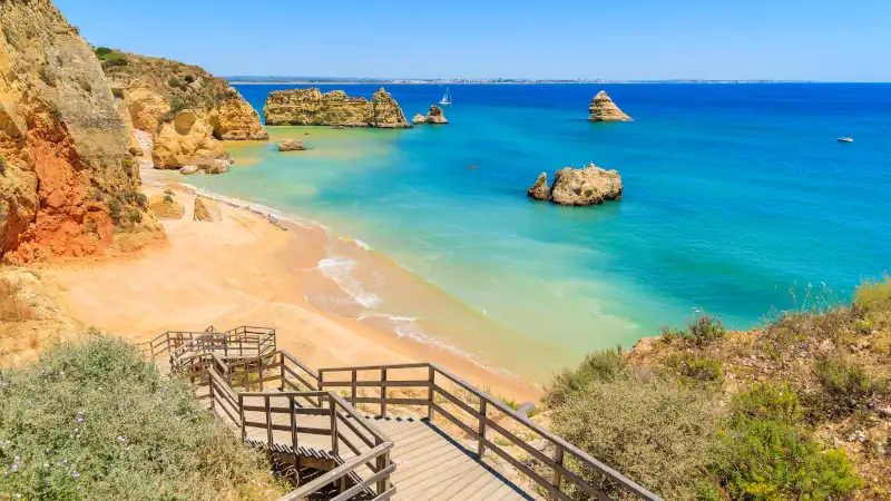 Wooden walkway to famous Praia Dona Ana beach with turquoise sea water and cliffs, Portugal